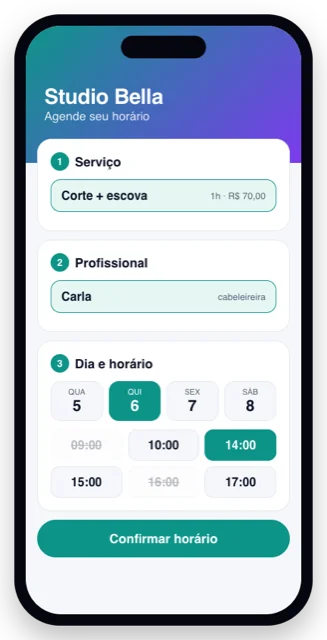 Tela de agendamento online: o cliente escolhe serviço, profissional, dia e horário.
